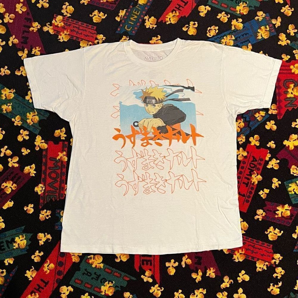 ’20 Naruto Uzumaki Japanese Text White Graphic Tee Shirt / Size L